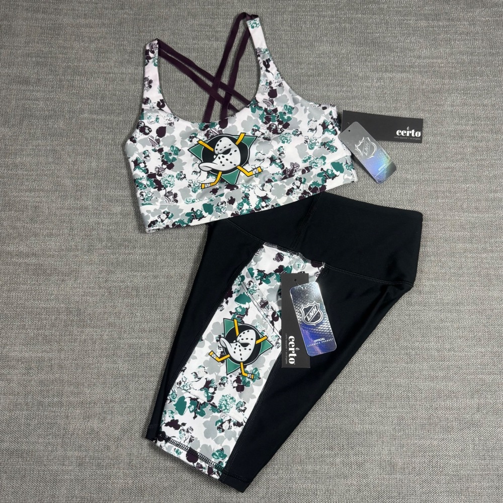 NWT NHL Anaheim Mighty Ducks 2 Piece Set Sports Bra &‎ Bike Shorts Women's Small